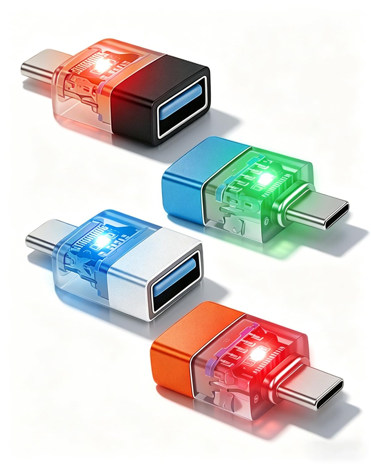 USB to USB C Adapter 4 Pack,Type C Male to USB Female Converter Support OTG,USB 3.0 Adapter with LED for Charging Heads, Computers, Laptops(4 Pack)