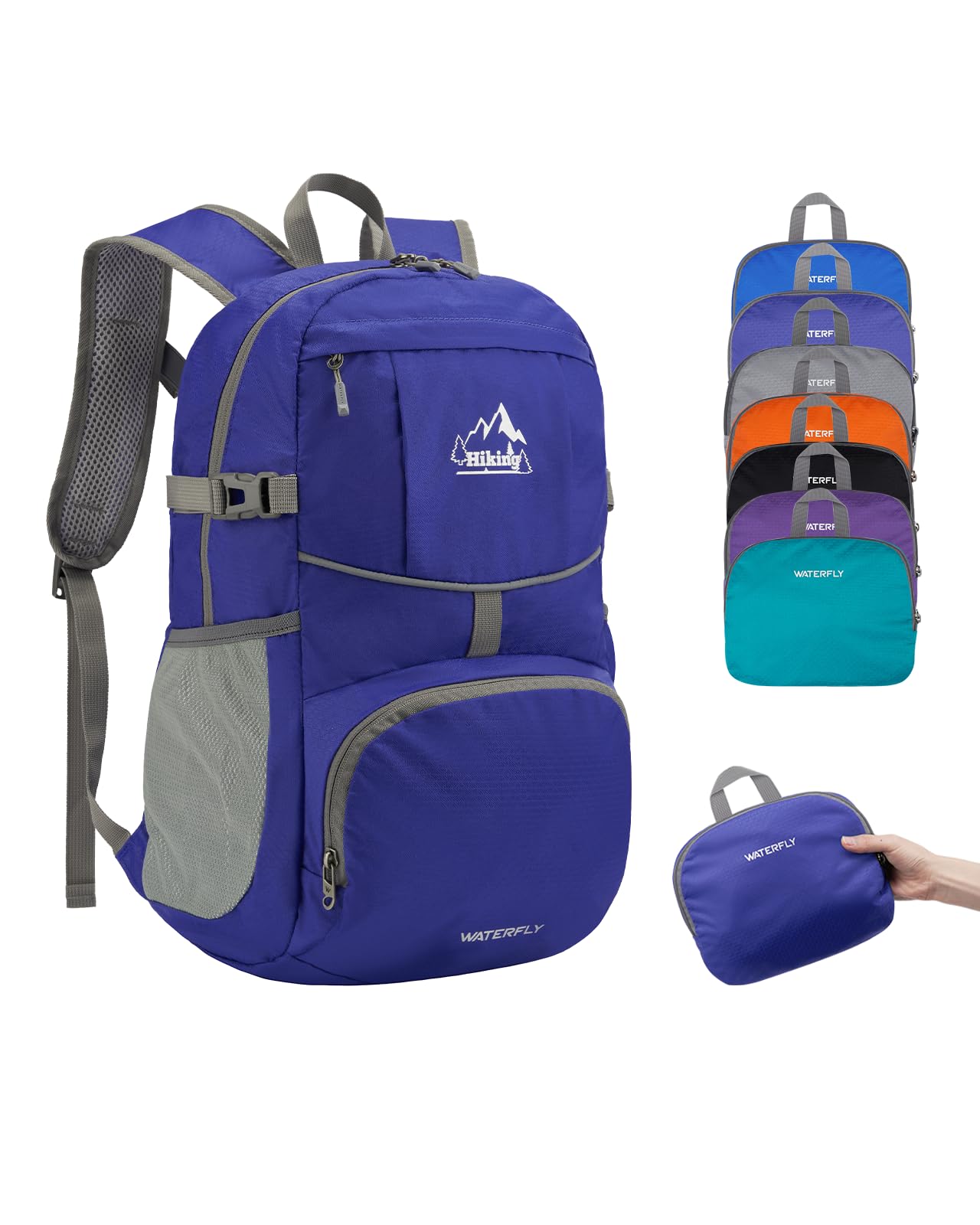 WATERFLY Hiking Foldable Daypack Backpack: 25L Ultra Lightweight Packable Waterproof Outdoor Travel Day Pack for Woman Man