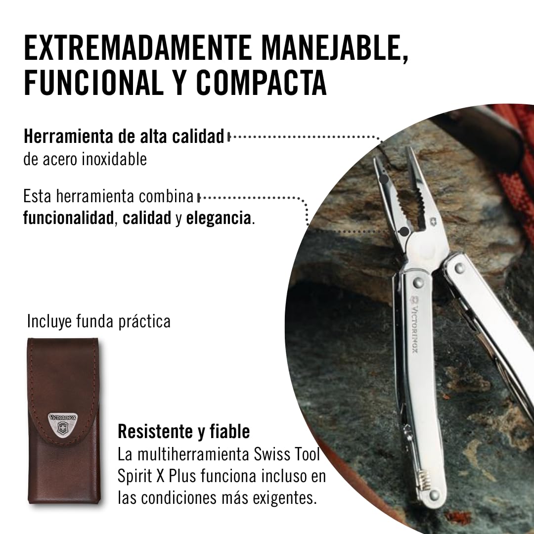 Victorinox Herramienta multifunción Swiss Tool Spirit X Plus, 35 funciones, Hecha en Suiza, multiherramienta con hoja bloqueable, incl. estuche de piel, color plata