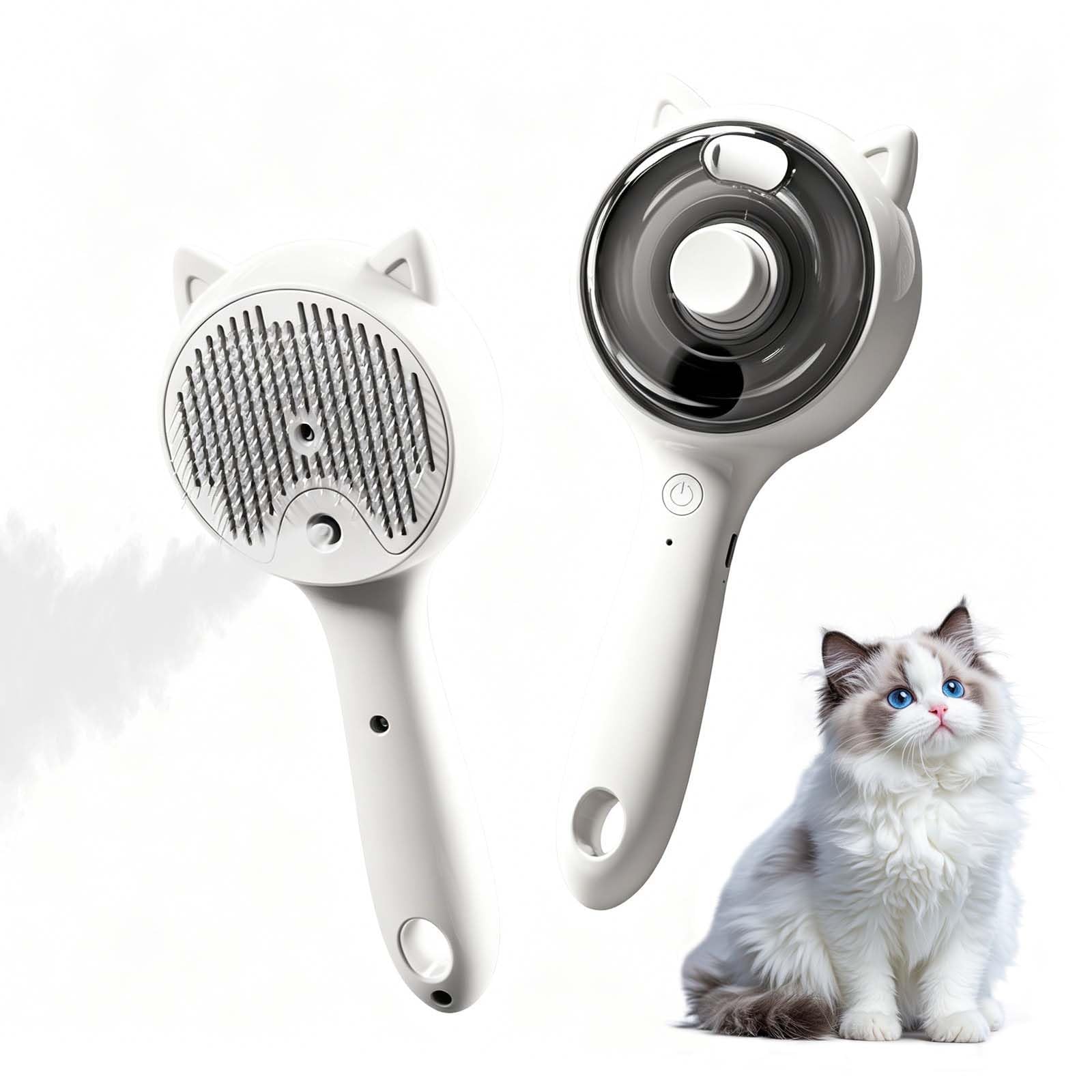 Cepillo de Vapor para Gatos y Perros, Peine Autolimpiable con Spray de 2 Velocidades, Herramienta de Aseo para Eliminar Pelo Suelto y Olores, Masaje para Gatos y Perros de Pelo Largo y Corto - Blanco