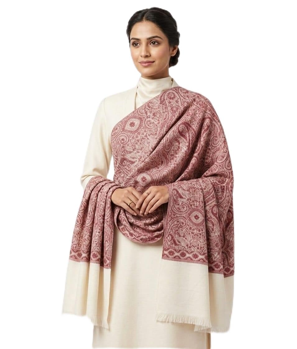 Paisley Printed Wool Blend Shawl, Pink and White-image-1