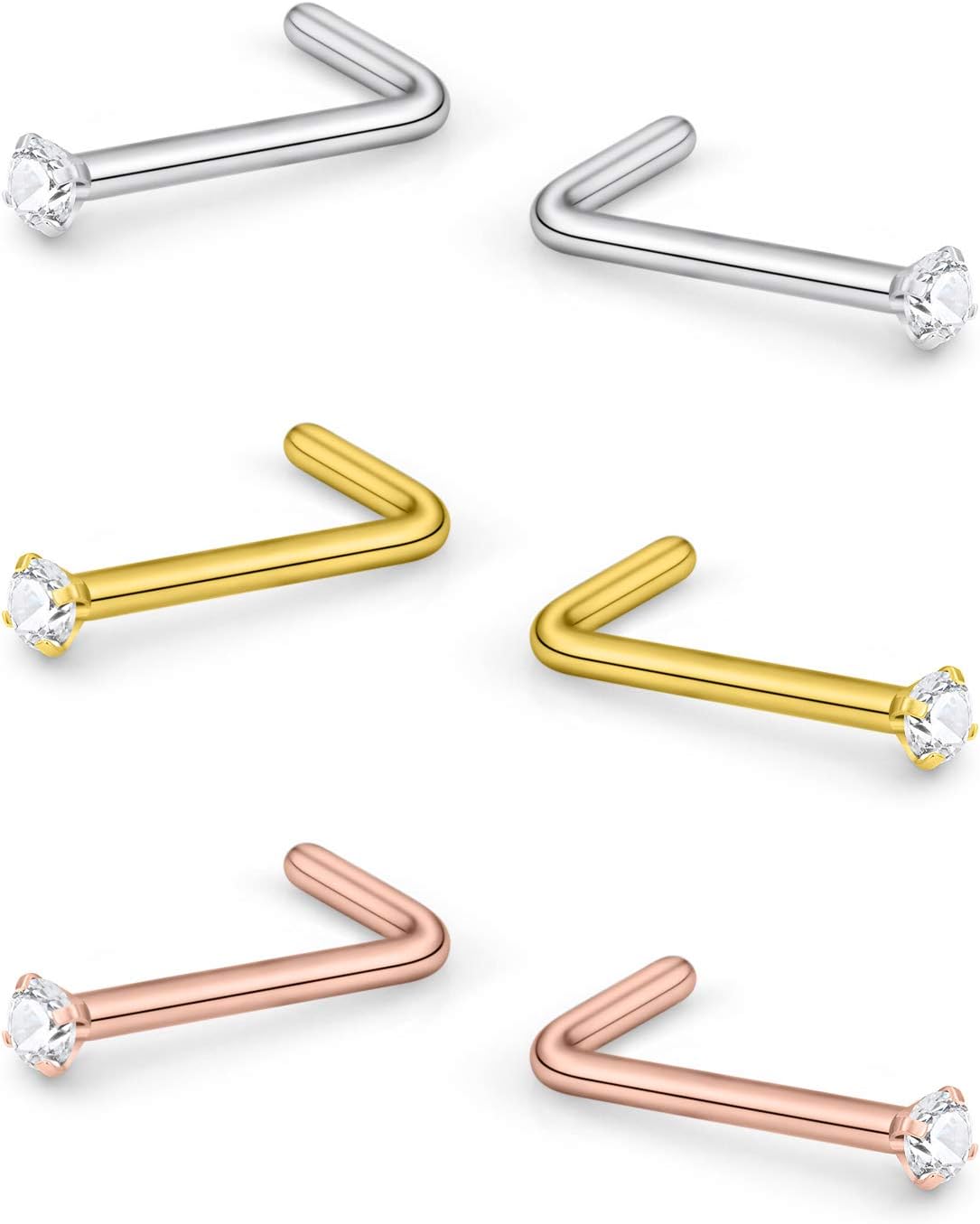 Lcolyoli Nose Rings L Shape Bone Screw Nose Studs Stainless Steel 18G Crystal Hypoallergenic Body Piercing Jewelry 1.5-3MM CZ Silver Gold