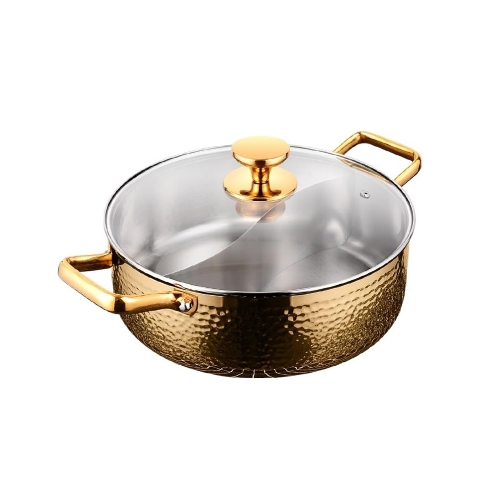 FENOKD Vintage Stainless Steel Shabu Shabu Hammer Stainless Steel Double Pot for Home Shabu Cooker (Gold 22cm)