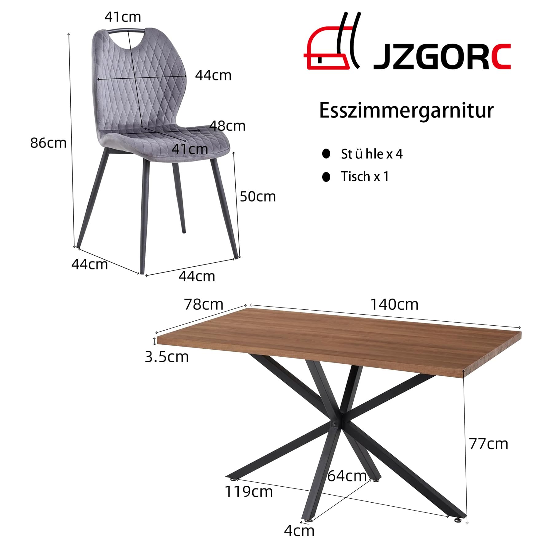 Esstisch mit 4 Stühlen Esszimmer-Set,140 * 78 * 77 cm Rechteckiger Esstisch aus Holz,4 Stühle mit hoher Rückenlehne, Schwarze Meta-Beine,Dunkelbraun Tisch+Grau Stühle