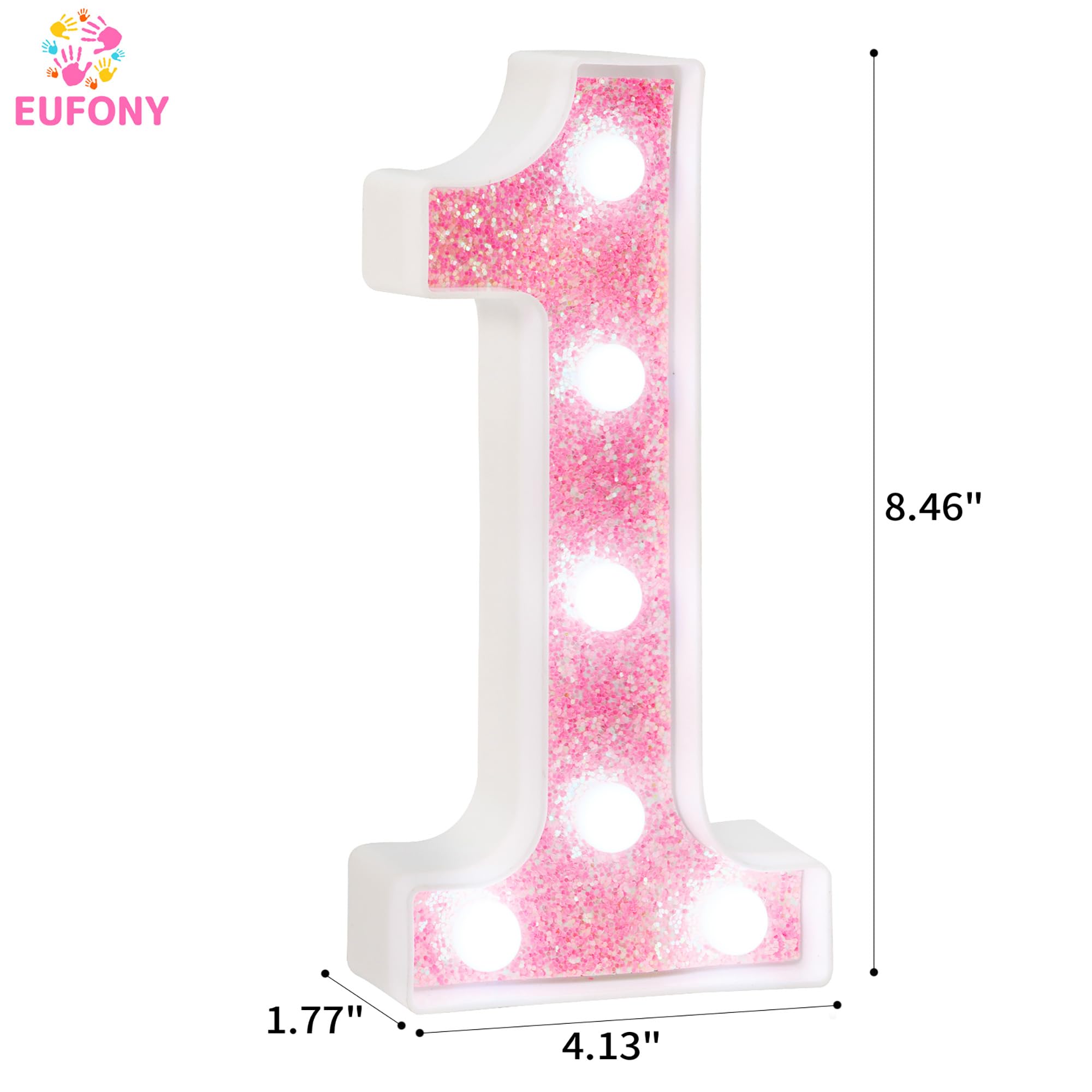 EUFONY Pink Marquee Light Up Numbers, Glitter LED Number Lights Battery Powered for Girls 1st 11th Birthday Party Table Decorations, Wall Decor for Girls Room, Pink Number 1 Sign w/Cool White Lights
