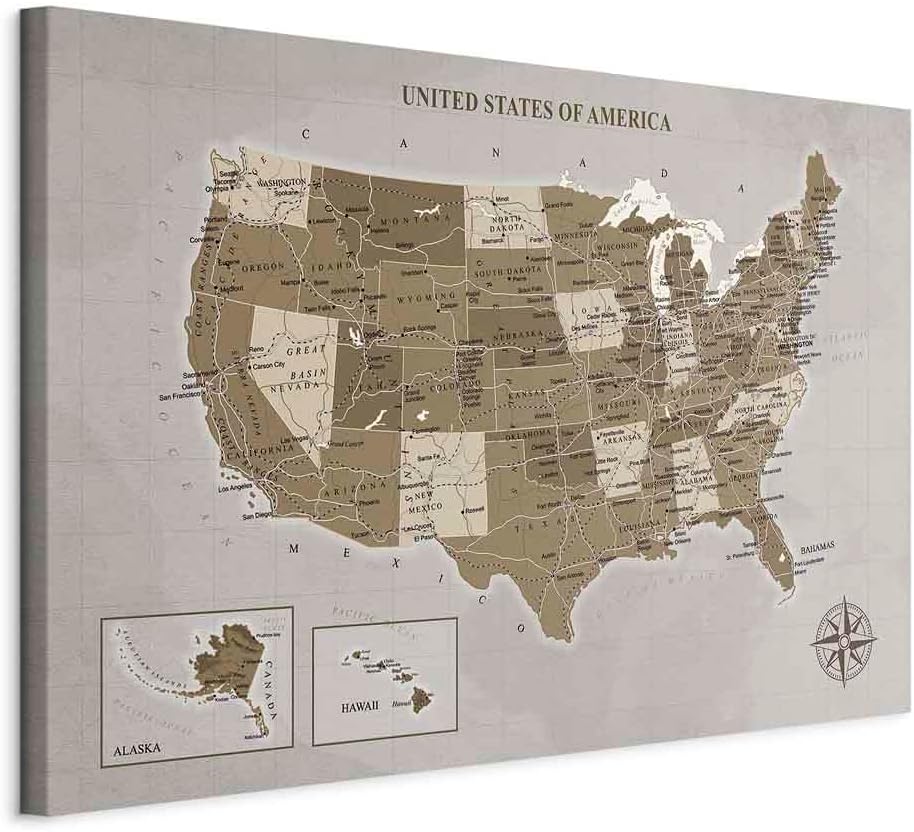 artgeist Acoustic Canvas Wall Art Print Map of The United States 35x24 in - 1pcs Picture with Acoustic Foam Sound Print Artwork Room Acoustics Soundproofing Grey k-C-0113-b-a