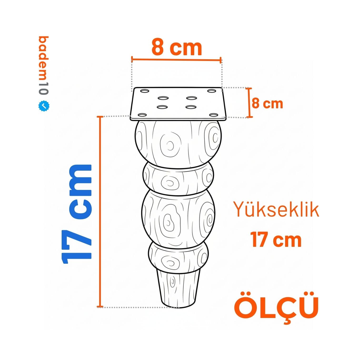 Bohem 17 cm Boyasız Ham Doğal Ahşap Ayak Silindir Mobilya Koltuk Kanepe Ayağı Metal Aparat Dahil