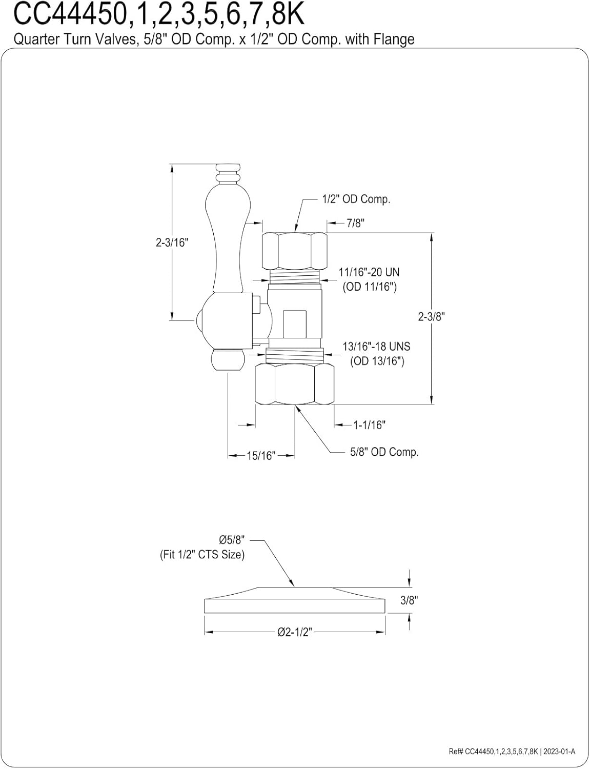 Kingston Brass CC44456K 5/8" OD Comp x 1/2" OD Comp Quarter-Turn Straight Stop Valve with Flange, Polished Nickel