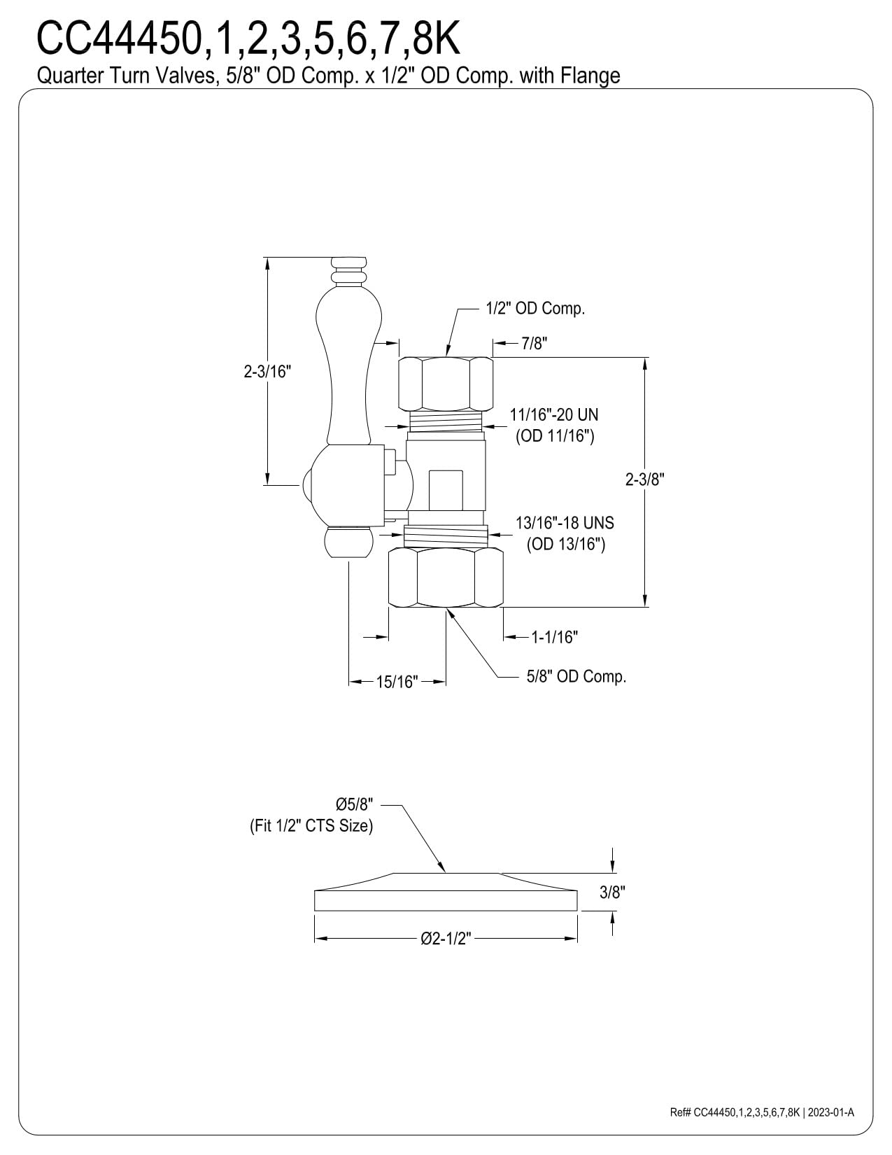 Kingston Brass CC44457K 5/8 pollici x 1/2 pollici OD Comp quarto di giro valvola di arresto diritta con flangia, ottone spazzolato