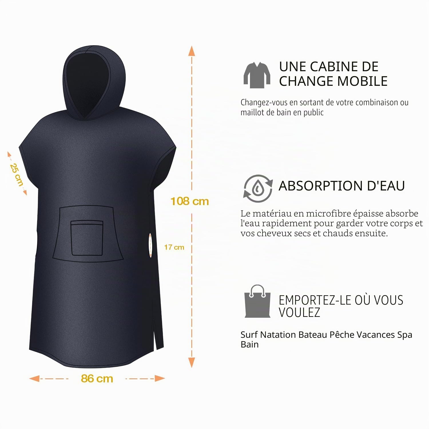 Kato Tirrinia Poncho de Surf de Plage avec Poche, néoprène Absorbant, avec Matelas à Langer, Serviette de Poncho, pour Le Surf, la Natation, pour Adultes, Hommes et Femmes