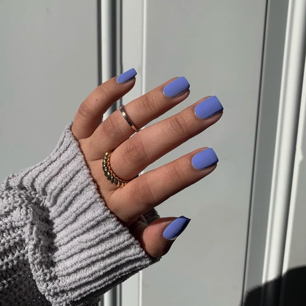 KQueenest Matte Baby Blue Press on Nails Short Square, Short False Nails Coffin, Velvet Solid Burgundy Small Fake Nails Set - Image 3