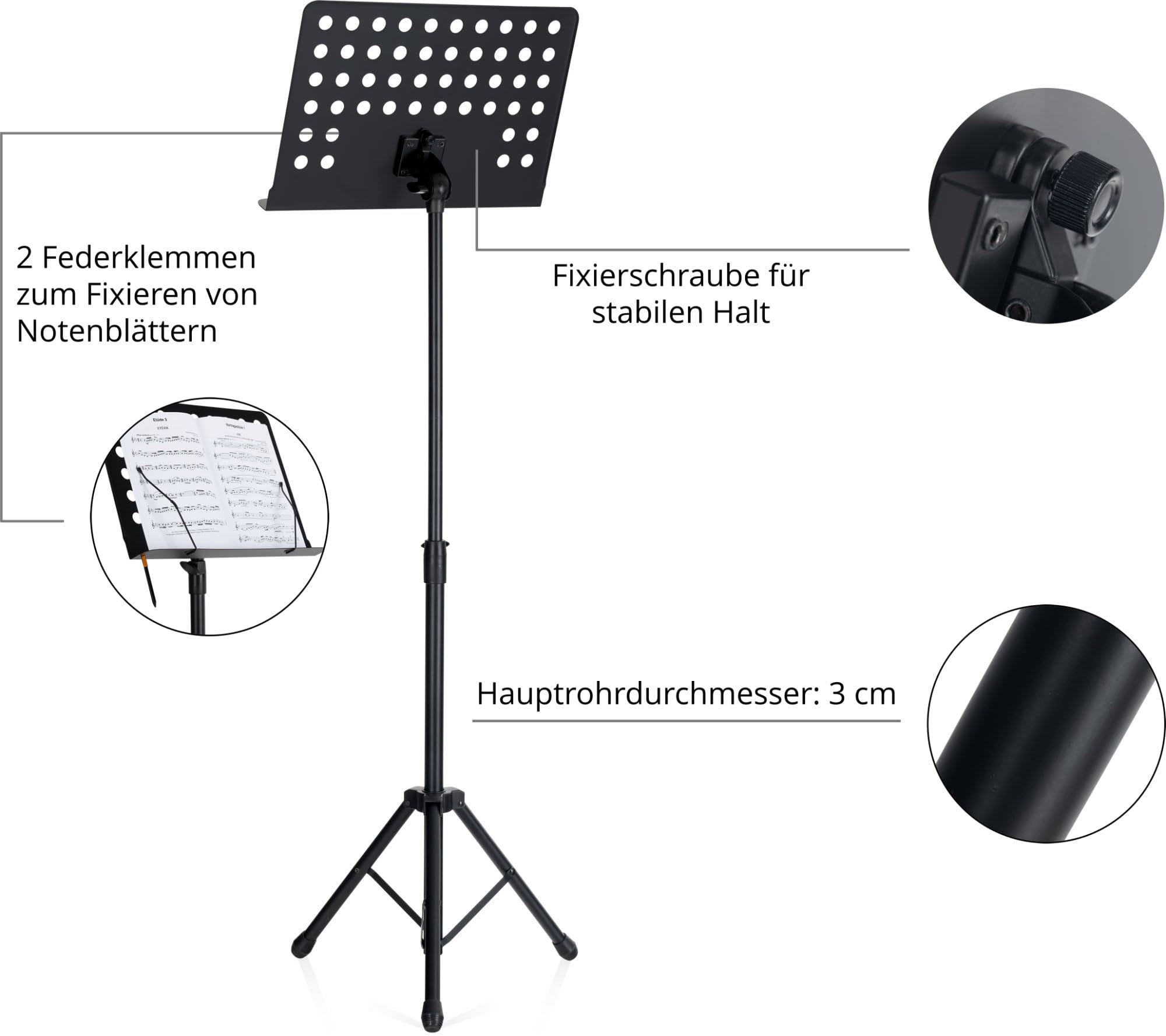 Pronomic OS-01P Orchesterpult Lochblech Ständer (Notenständer mit Notenklemmen, Abnehmbare Ablage, 2 Federklemmen, ausziehbar von 69 cm bis 115 cm) schwarz