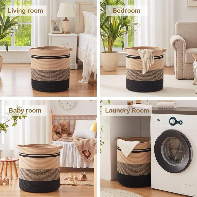 Image of Storage Rope Laundry Hamper Basket for Clothes, Towels and Blankets in Livingroom, Bedroom, Laundry Room and Basket for Nursery Storage (Size - 15 inch x 15 inch x 18 inch) (Beige Black Stripe)