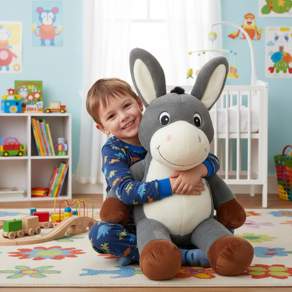 Grande Peluche Animale XXL + Cadeau Surprise à l’Intérieur – 50 à 120 cm – Panda, Lama, Ours, Lapin, Dinosaure, Chien, Peluche Géante Ultra Douce – Idée Cadeaux (Ane 60 cm)