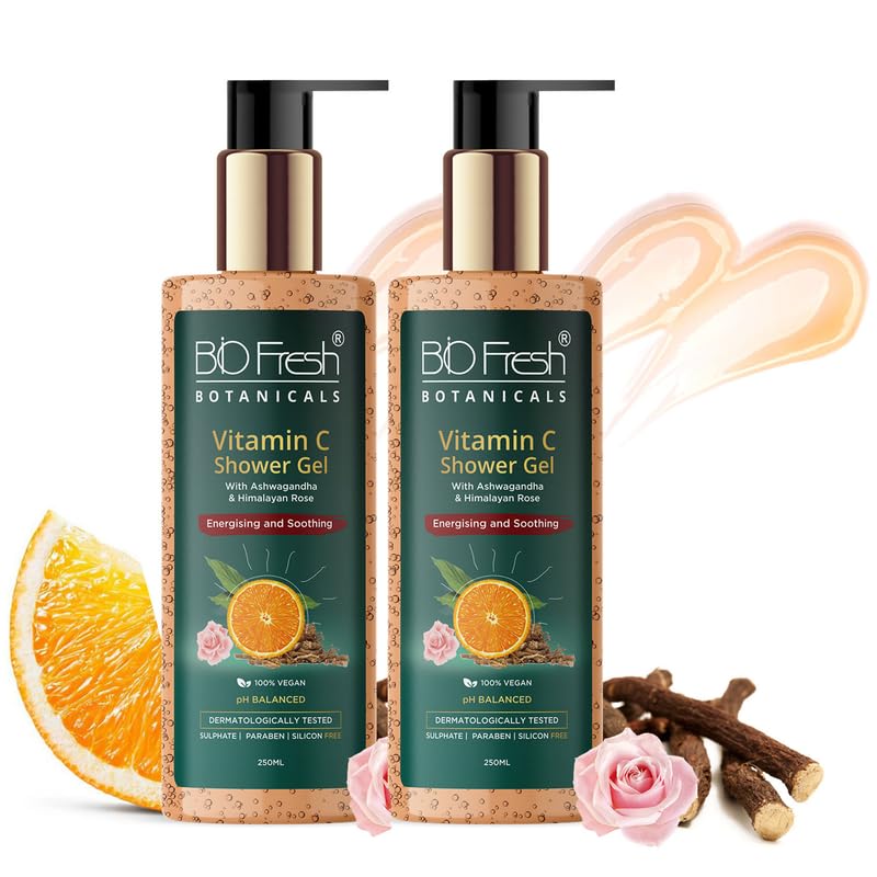 Image of BIOFRESH BOTANICALS Vitamin-C Shower Gel - 250ml Niacinamide Moisturizing Gel Ashwagandha & Himalayan Rose Brightening Skin Cleanser PH Balanced Nourishing Shower Gel (Pack of 2)