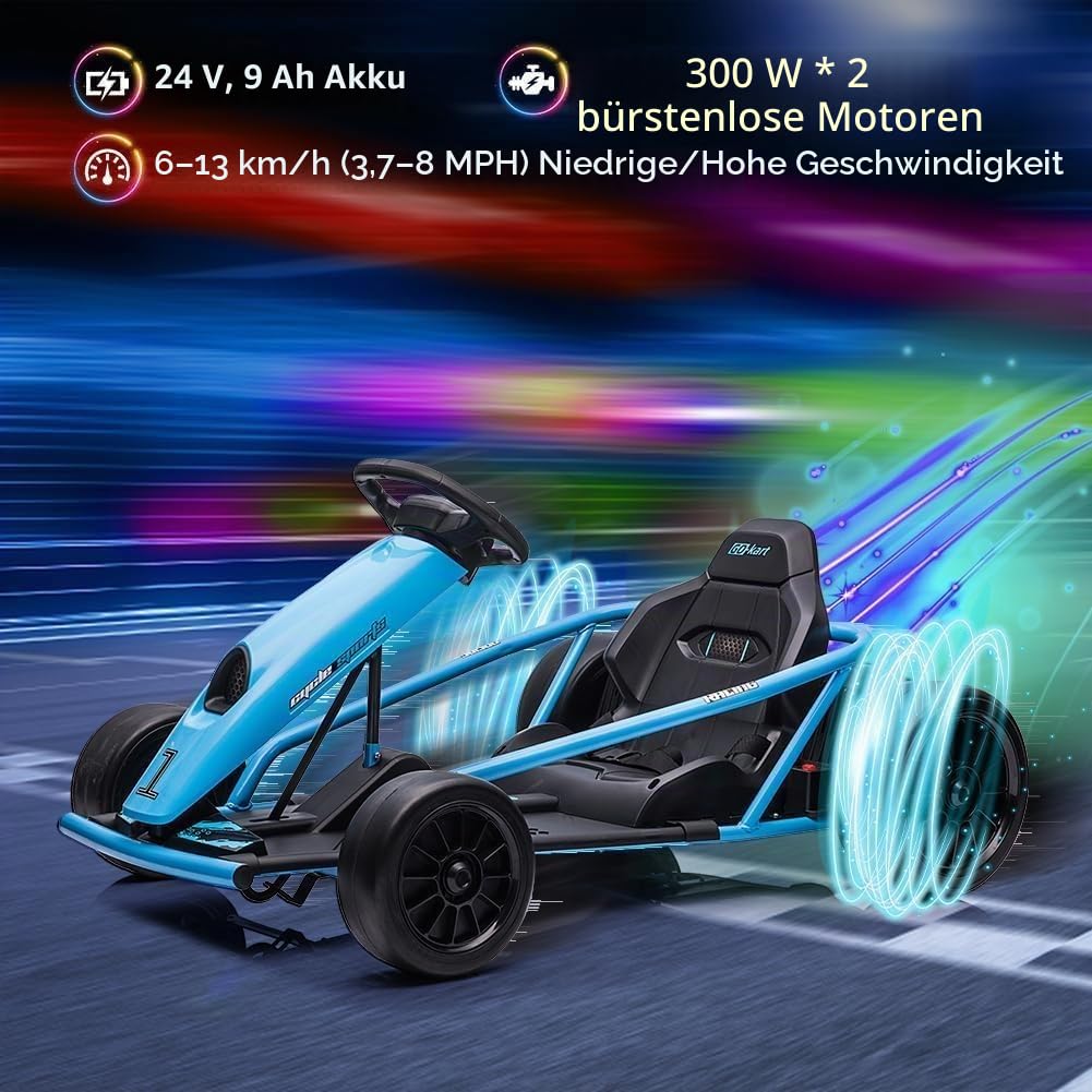 GarveeLife Leistungsstarkes Drift Go-Kart für Kinder 8 Jahre+, 24V, 2x300W Motoren, sanfter Start, Musikfunktion, Sicherheitsgurt, robuster breiter Sitz, bis 8 km/h, Outdoor Kinderfahrzeug – Blau