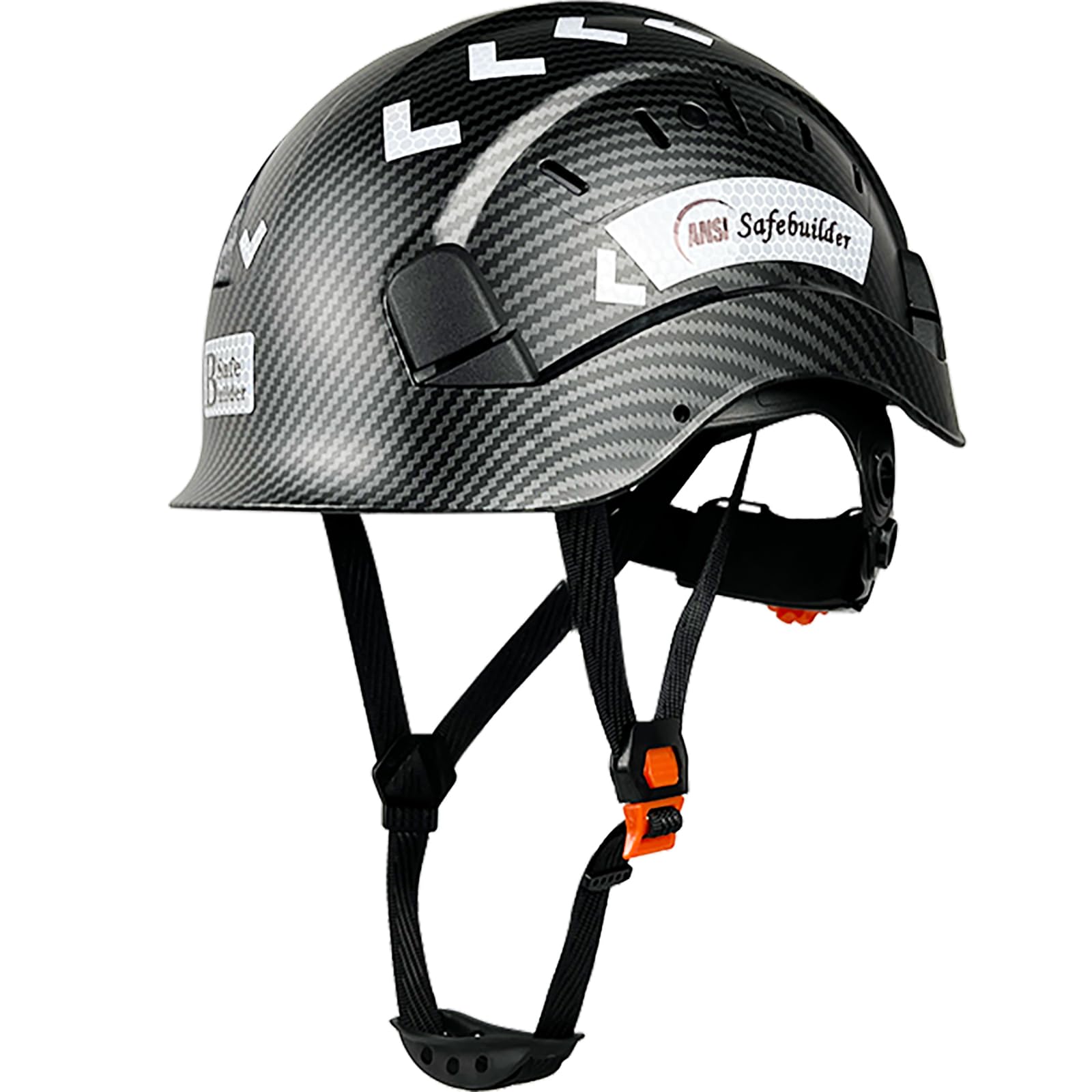 SAFEBUILDER Carbon Fiber Pattern Work-at-Height ABS Rescue Hard Hat Slotted Ventilated Helmet w/Adjustable Ratchet 6-Point Suspension ANSI Z89.1-14 (Matte Black Hat)