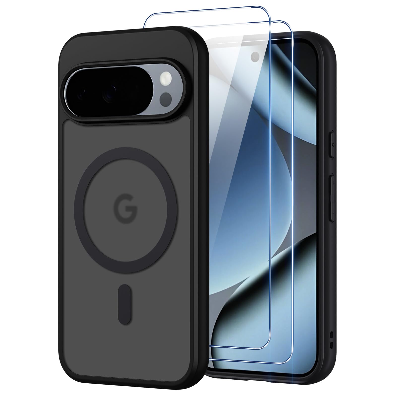 Pnakqil Magnetisch für Google Pixel 10/10 Pro/9/9 Pro Hülle für Magsafe,Matt Transluzente Handyhülle mit 2 Panzer Schutz Glas,PC Härte Kratzfest Matte Dünn Magnetische Case,Schwarz