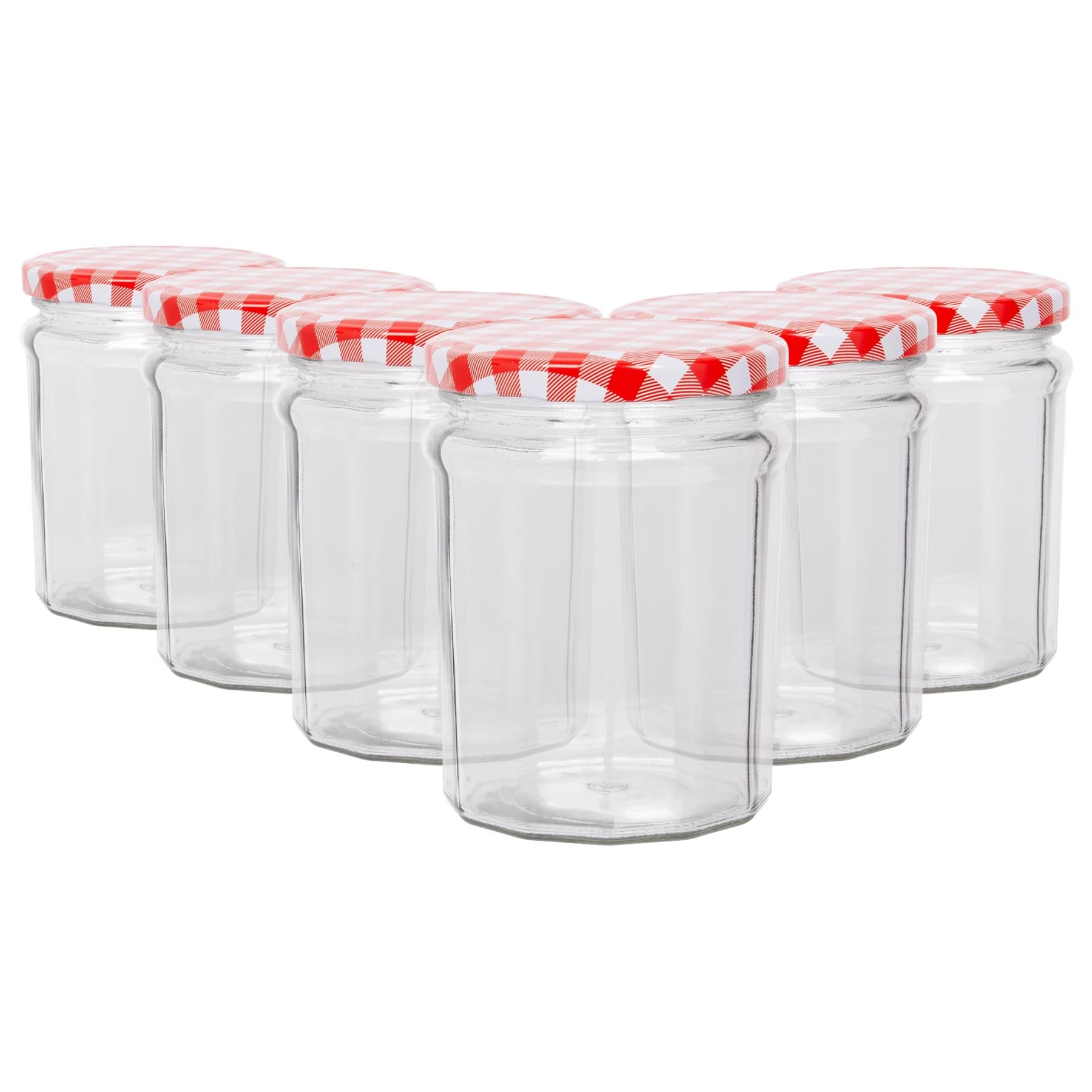Argon Tableware Red Gingham Lid Glass Jam Jars With Airtight S - 380Ml - Pack Of 6 - Empty Screw Top Kitchen Storage Jar For Food, Honey, Spice, Pickling, Preserving, Candle Making