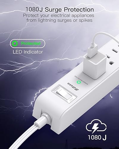 Vista 18 de Regleta protectora de sobretensiones, 6 tomas, 4 puertos de carga USB, cable de extensión trenzado de 5 pies, enchufe plano, protección contra