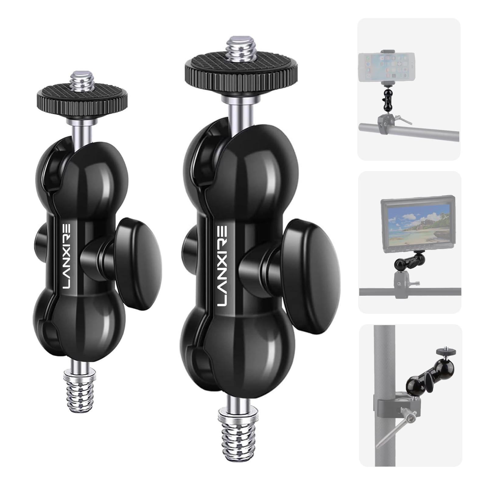 Lanxire Mini Magic Arm with Double Ball Head and 1/4" Screw - 2 Pack - for Camera Cage, Camera Clamp, Cameras, Action Cameras, Smartphone, Security