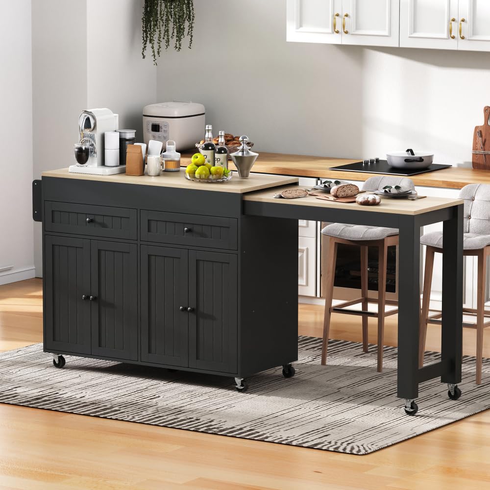 Carrello da cucina mobile espandibile con piano di lavoro nero con cassetti e divisori Mobili versatili per sala da pranzo Design indipendente per una facile mobilità