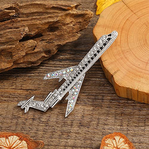 Image of Rhinestone Airplane Brooch Pin for Women Girls Silver Tone Fashion Pave Crystal Flying Plane Lapel Pins Badge Dress Suit Scarft Accessories Holiday Party Jewelry Unisex Souvenir Gifts for Flight Crew Aviator Lover