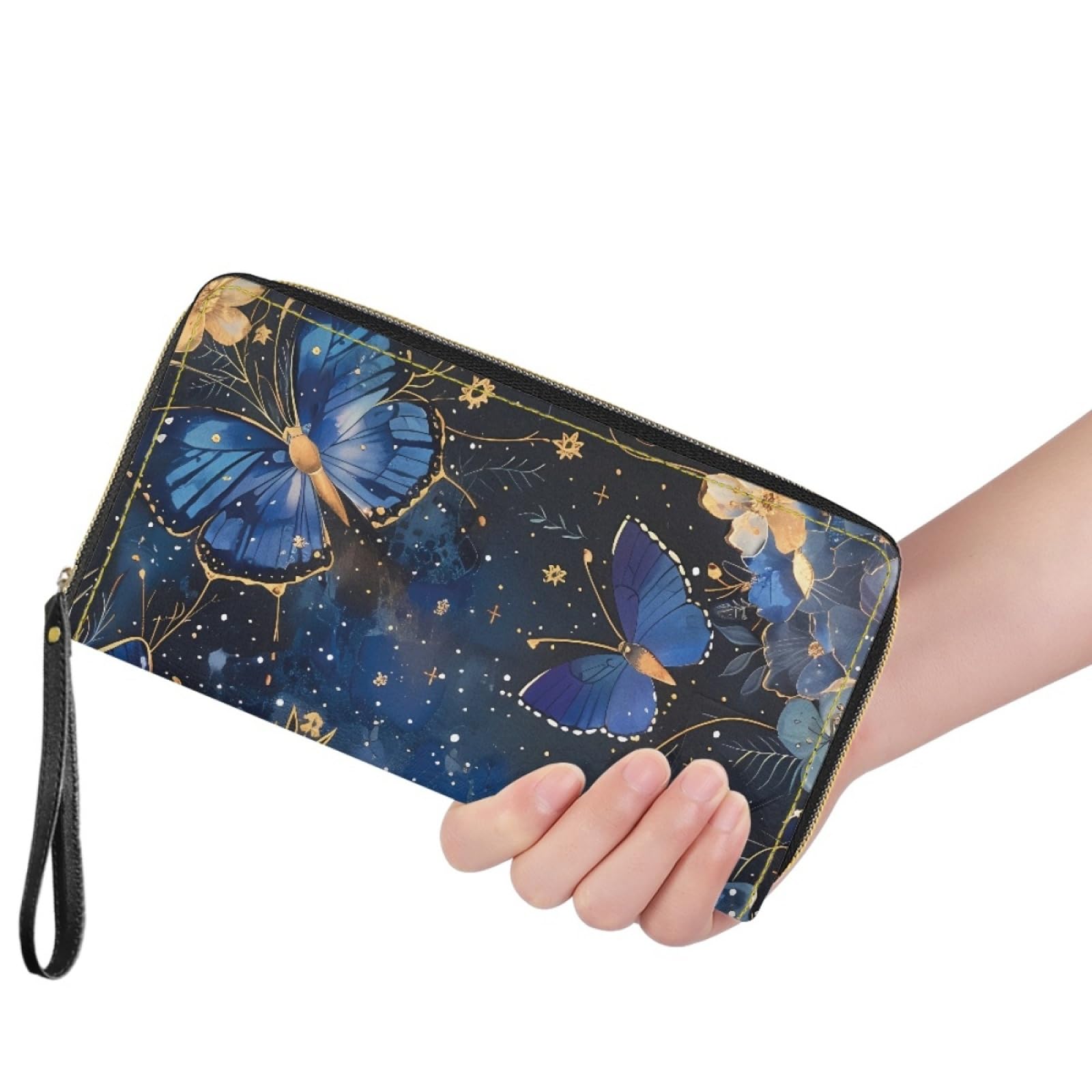 Portafoglio Donna Portamonete Porta Carte di Credito Donna Uomo Wallet | Portafogli con Zip e Cinturino da Polso Leggero Durabile Portatile,Impermeabile Cuoio,Farfalla Oro Blu 11x20cm/3 Unità
