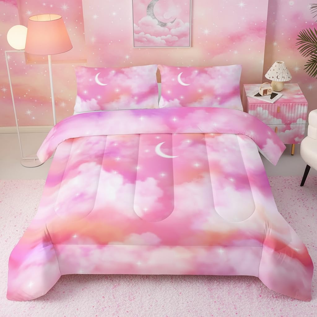 QOOMO Pink Cloud Comforter Set, Rainbow Star Sky Duvet Set Bedding Set Twin Size for Girls Boys with 2 Pillow Shams Lightweight Microfiber for All Seasons