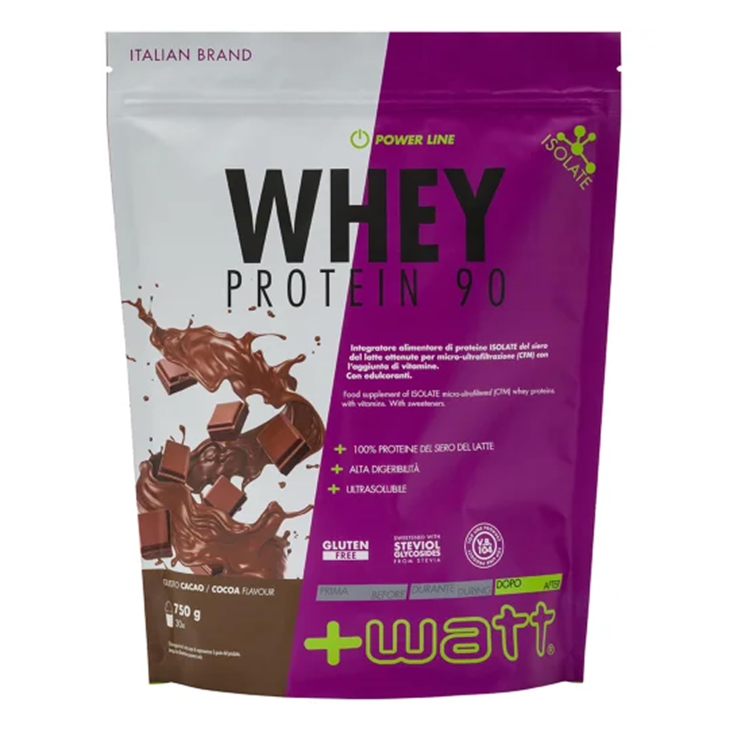+Watt Whey Protein 90 Proteine du Siero del Latte Gusto Cacao, 750 g