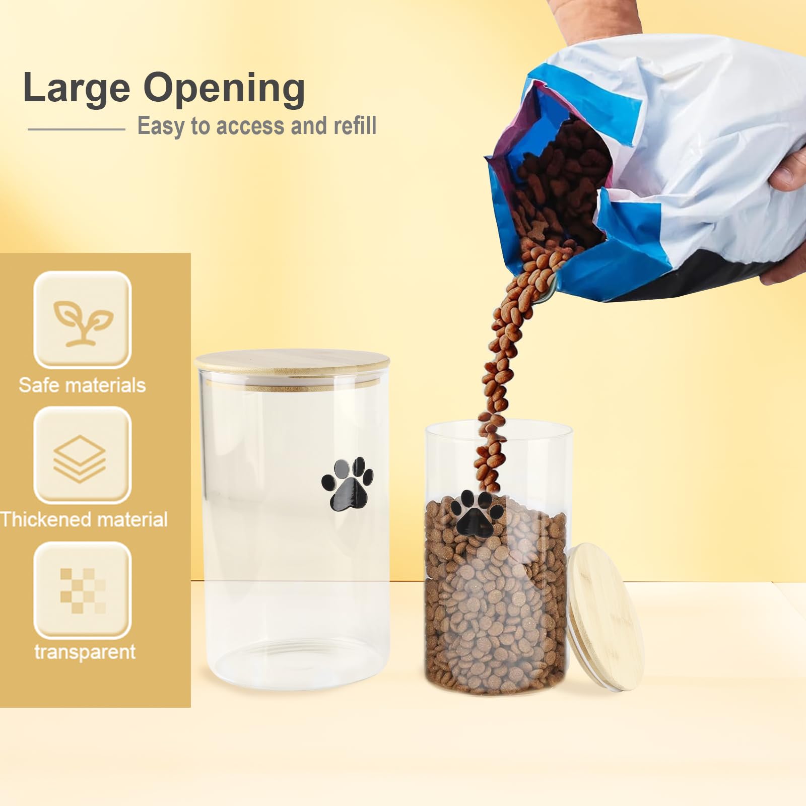Juego de tarros de vidrio para perros y gatos, 2.2 onzas + 40 onzas, contenedor transparente para alimentos para perros y gatos con tapas de bambú, tarro hermético para golosinas para gatos,