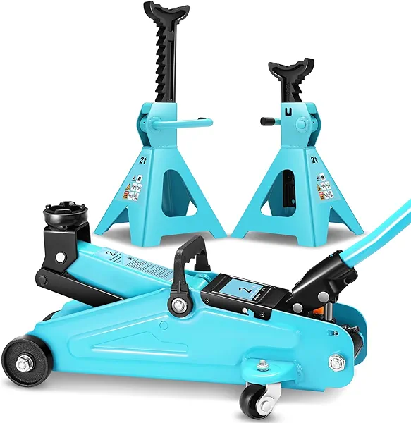 DNA MOTORING Low Profile Hydraulic Trolley Service/Floor Jack Combo with 2 Ratchet Jack Stands, 2 Ton (4000 lbs) Capacity, Tiffany Blue, TOOLS-00476-TB