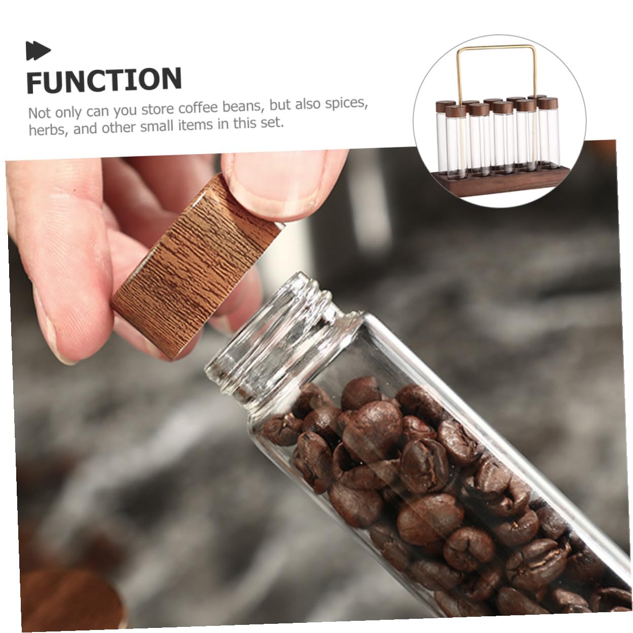 VALICLUD Kaffeebohnenbehälter aus Glas mit Holzständer, 1 Satz | Aufbewahrungsröhrchen für Bohnen und Gewürze, Stilvoll für Küche und Kleine Küchen
