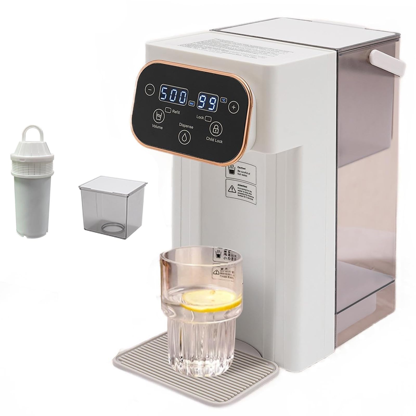 Distributore di acqua calda istantanea, refrigeratore d'acqua da banco con impostazioni di temperatura e volume, blocco di sicurezza, luce notturna per uso domestico o ufficio