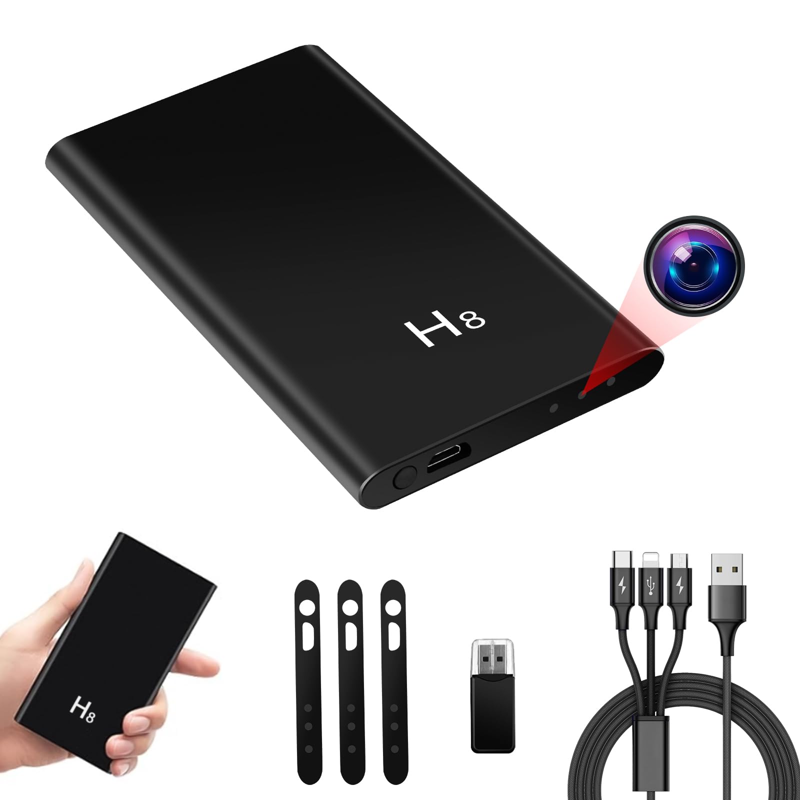MiniCamera HD 1080P, Micro Hidden Spy Camera 5000mAh with 3-in-1 USB Cable, Camouflaged Wireless Surveillance Cameras Gravity Sensor and Night Vision for Indoor/Outdoor