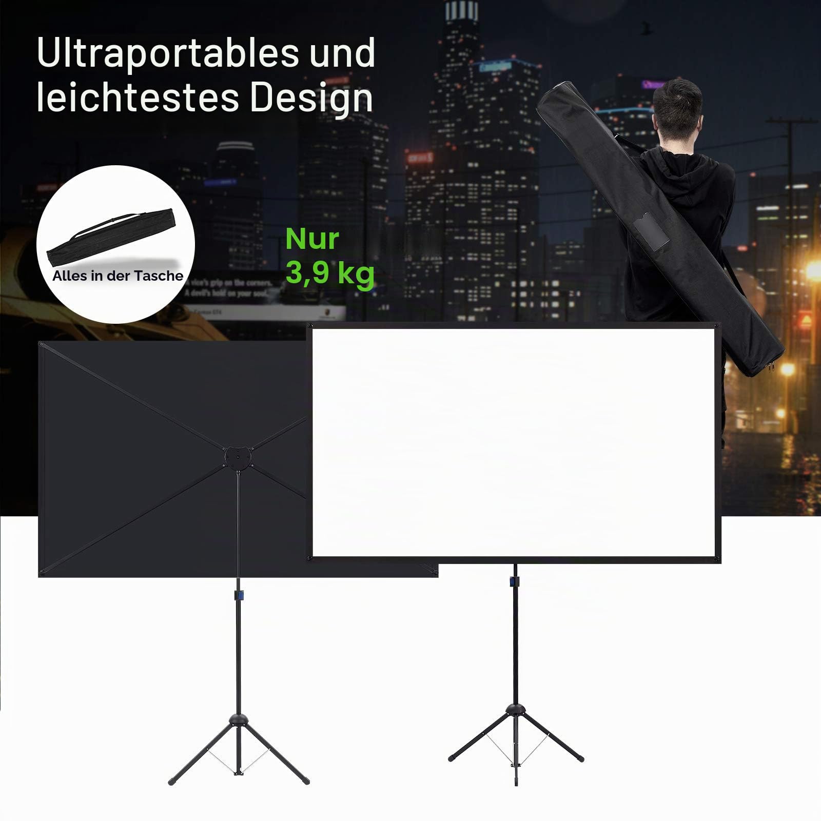 Beamer Leinwand mit Stativ, Tragbar Projektor Leinwand 80 Zoll, 16:9, 4K HD ProjektionLeinwand, Leicht und Kompakt, 2 Minuten Montage und einfacher Transportn, Ideal für Heimkino, innen/außen Filme.