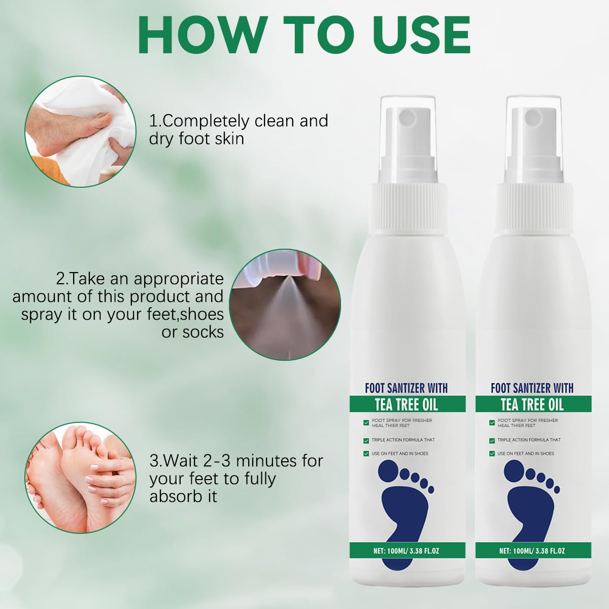 2 aerosoles desinfectantes de pies con aceite de árbol de té, spray desinfectante transparente para pies