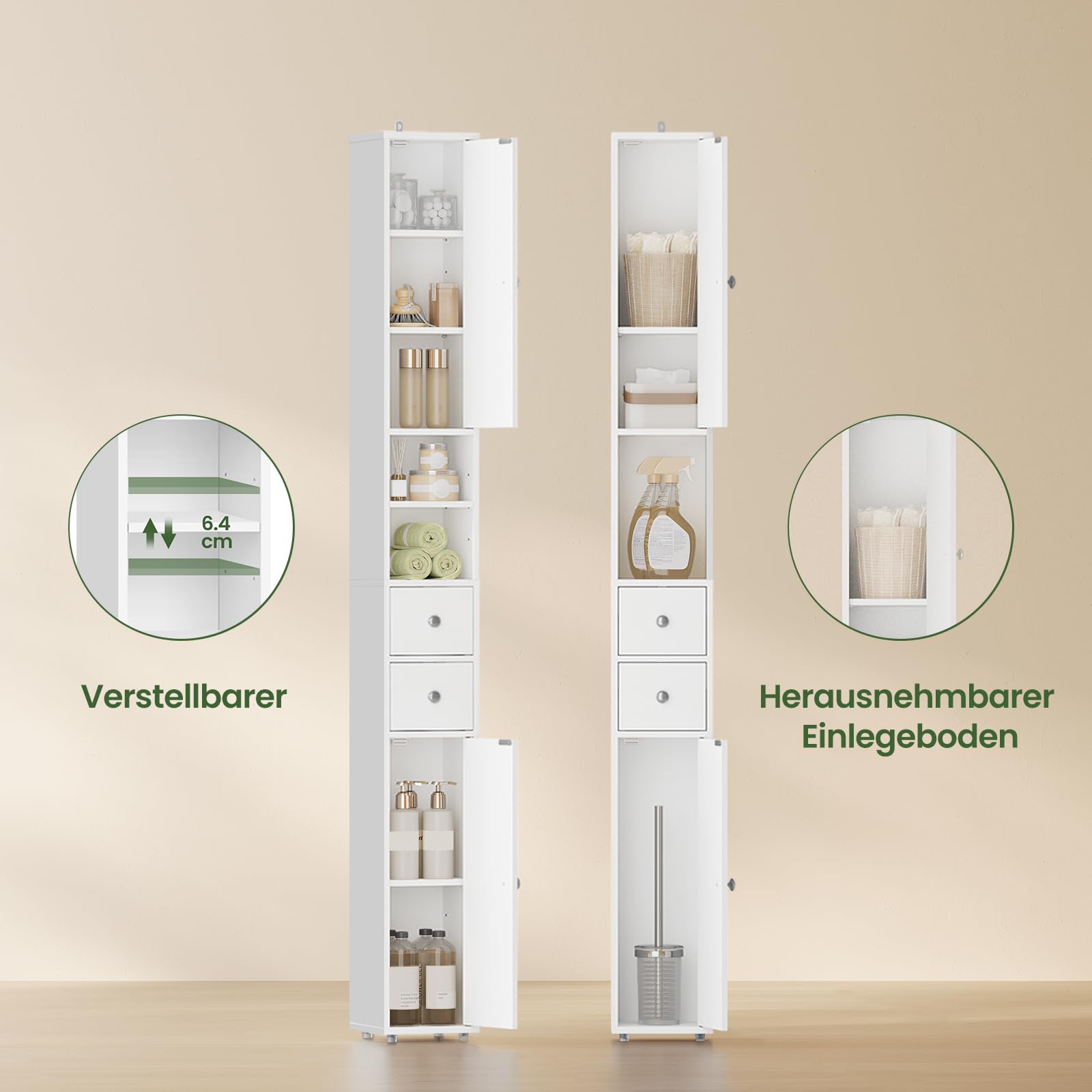 EUGAD Badezimmerschrank, Badschrank schmal hoch, schlanker Badschrank, 20 x 20 x 180 cm, Aufbewahrungsschrank mit verstellbaren Ablagen, offene Fächer, für kleine Räume, modern, Weiß 0257WY