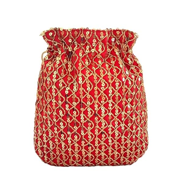 DUCHESS Women's Sequin Red Potli Bag Purse with Pearl Handle (Pack of 10) - Image 5