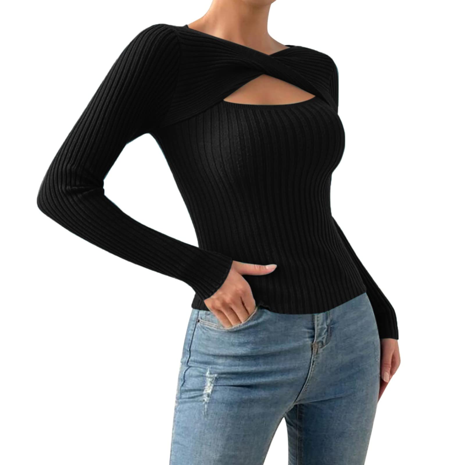 Heevina Sweaters for Women Keyhole Ribbed Slim Fit Solid Color Cutout Long Sleeve Base Jumpers Sweater Warm Winter