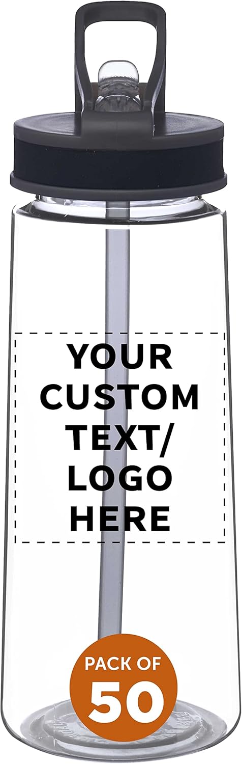 DISCOUNT PROMOS Custom Plastic Sports Bottles with Spill-Proof Lids and Straw – 22 oz. – Set of 50 – Personalized Bulk Pack - Reusable, Perfect for Gym, Outdoor Sports, Home, Office - Clear