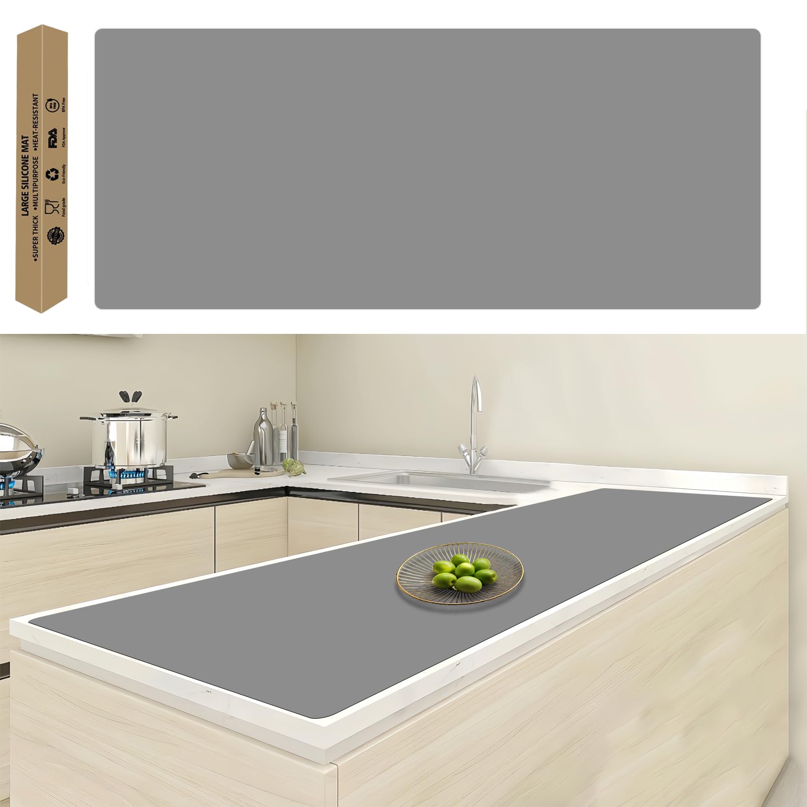120"x24"(305cmx60cm) Large Silicone Kitchen Counter Mat, Heat Resistant Non-Slip Countertop Protector, Waterproof Multipurpose Mat for Kitchen Island, Light Gray
