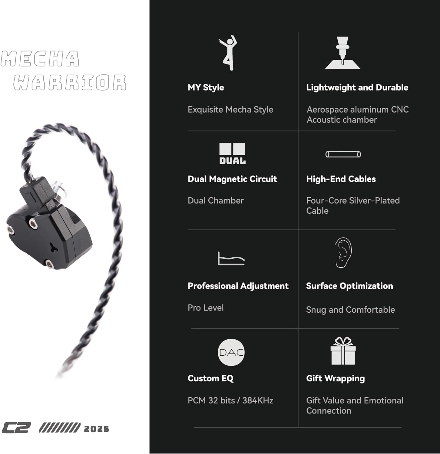 Sabaj TINHIFI C2 HiFi in-Ear Earphones with DAC, 32BIT/384KHz Hi-Res Audio Custom EQ,10mm LCP+PU Driver CNC Aluminum (3.5mm+mic)