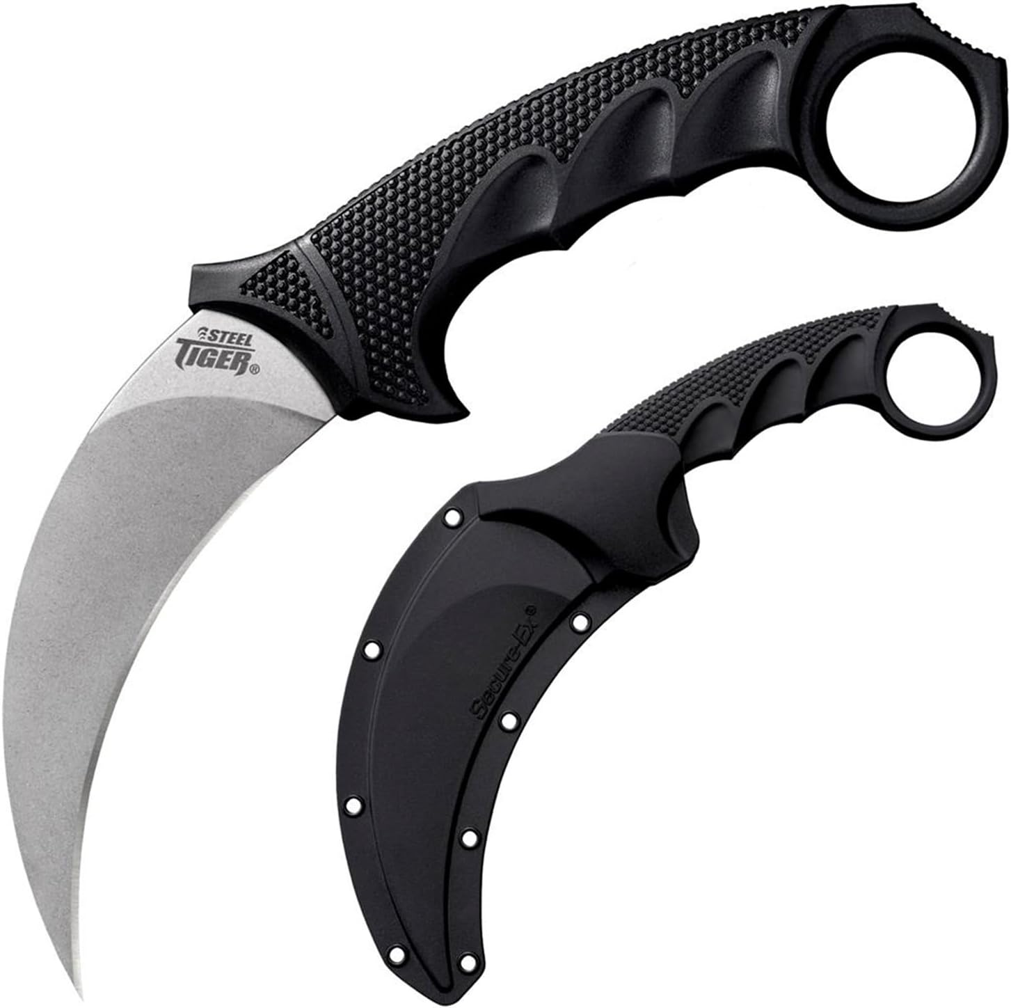 Cold Steel Tiger 4.75'' Japanese Aus8A Stainless Steel W/ Stonewashed Finish Karambit Shape Fixed Blade Tactical Hunting Knife, Kray-Ex Handle, Secure-Ex Sheath