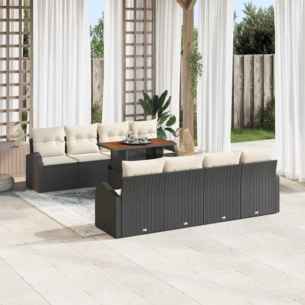 Ensemble Jardin 7 Pieces Poly Rattan Noir et Crema avec Coussins
