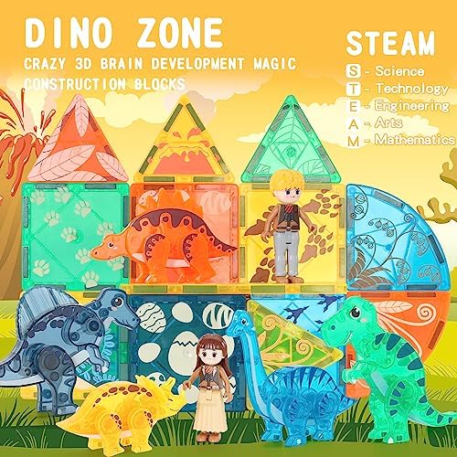 VANLINNY Dinosaur Magnetic Tiles, 74PCS Dinosaur Magnetic Blocks 3D Building for Kids 3+, Creative and Educational Magnet Toy for Boys and Girls, Birthday Gift for Toddlers. 3 61p4IyKM0LL. AC