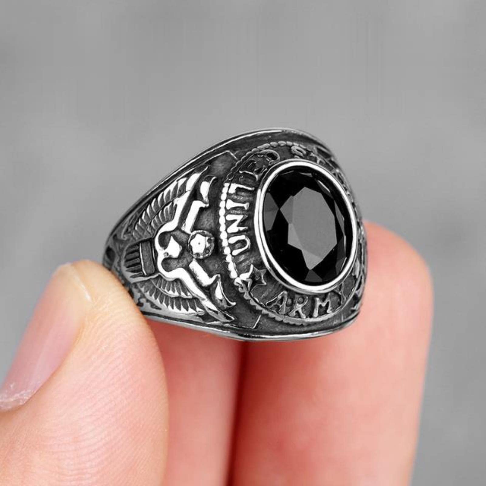 Xjruixi Men's Silver-Black Stainless Steel Rings Rhinestone United States Army Punk Hip Hop For Biker Boyfriend Jewelry Creativity Gift Wholesale