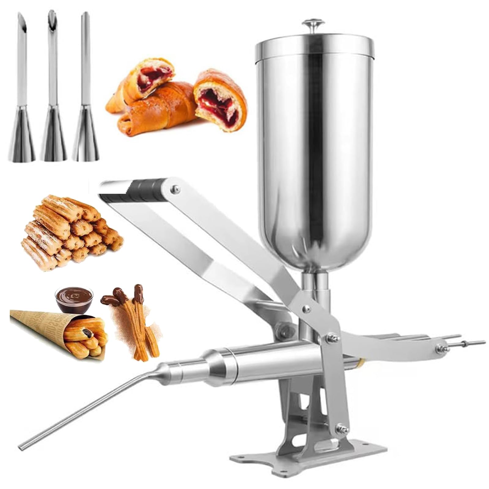 Ręczna maszyna do napełniania pączków – wypełniacz do kremu i dżemu ze stali nierdzewnej z 4 dyszami, regulowany, precyzyjny wtryskiwacz pączków do piekarni i sklepów z deserami