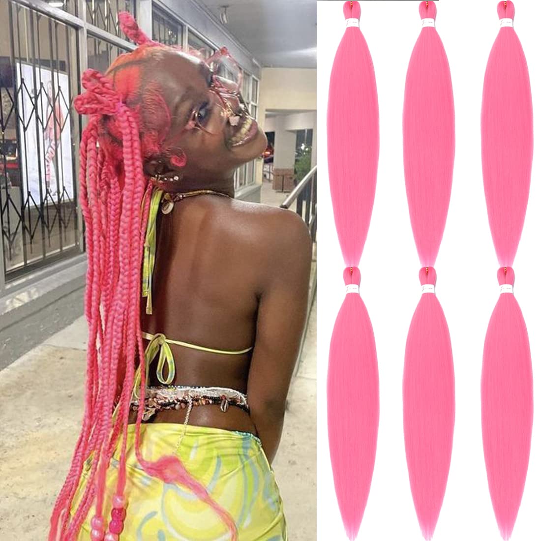 Pink Braiding Hair 30 Inch Colored Braiding Hair Pre Stretched Long Braiding Hair Extensions 6 Packs Soft Yaki Braiding Hair Natural Hot Water Setting Braiding Hair (30 Inch (Pack of 6), Pink#)