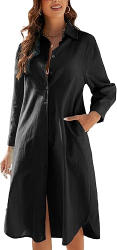 Ladyful Vestido camisero de lino y algodón para mujer, vestido largo de verano con botones